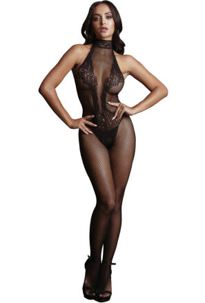 Le Désir Fishnet and Lace Bodystocking Black OS