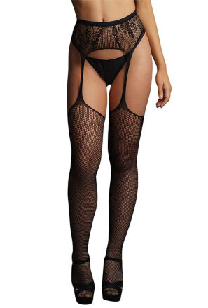 Le Désir Fishnet and lace garterbelt stockings Black OS