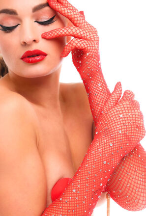 Kinky Diva rękawiczki z cyrkoniami Starlet Gloves Red/Rhinestones