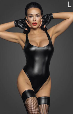 Body F244 Powerwetlook with high cut bottom hem L Noir Handmade