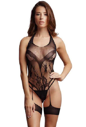 Body Crotchless Rhinestone Halter Teddy Black Le Desir