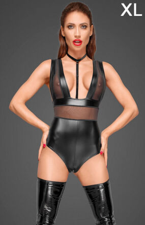 F183 Powerwetlook body with wide straps, tulle inserts and velvet choker XL