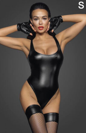 Body F244 Powerwetlook with high cut bottom hem S Noir Handmade