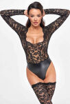 Body F296 Psyche bodysuit of lace and wetlook XL Noir Handmade - 5