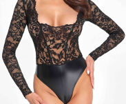 Body F296 Psyche bodysuit of lace and wetlook XL Noir Handmade - 6