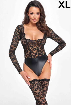 Body F296 Psyche bodysuit of lace and wetlook XL Noir Handmade