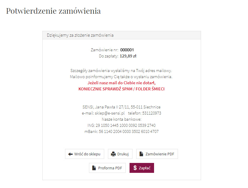 e-sensi potwierdzenie zamówienia przykład