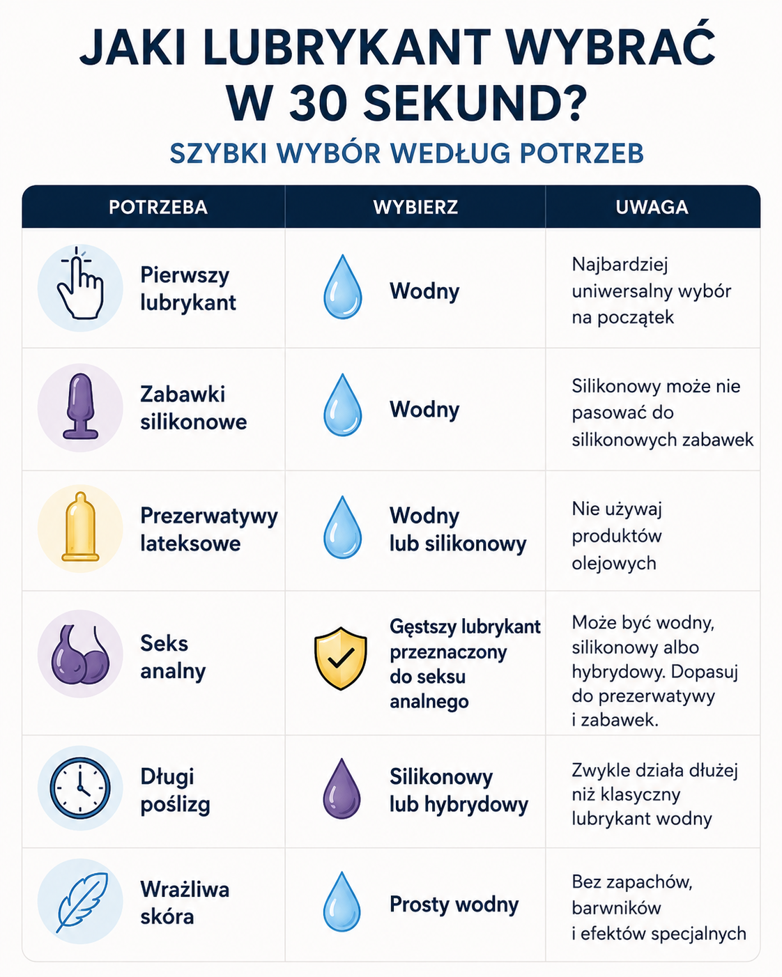 Tabela pokazująca, jaki lubrykant wybrać do prezerwatyw, zabawek erotycznych, seksu analnego i wrażliwej skóry