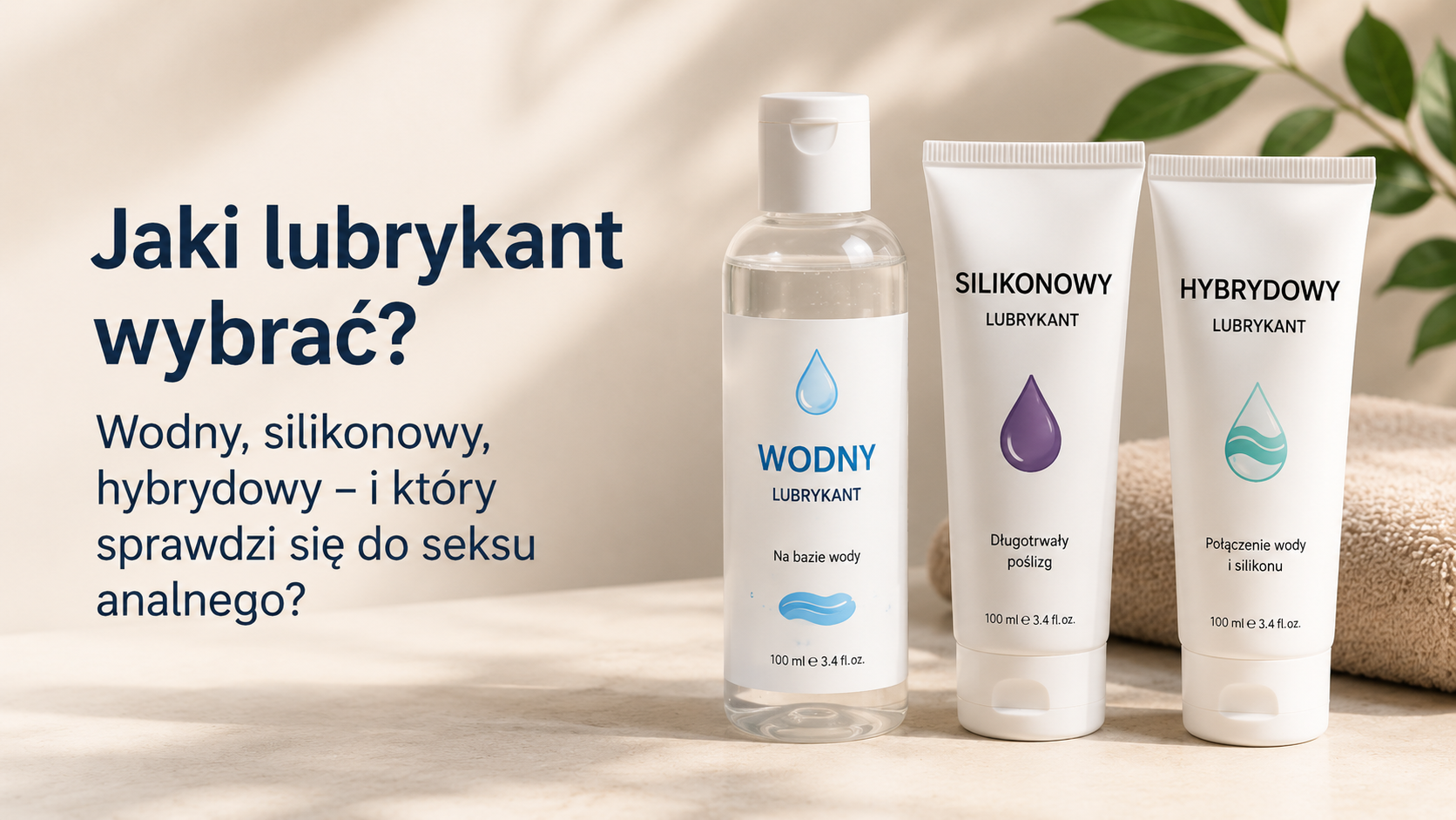 Lubrykanty wodny, silikonowy i hybrydowy pokazane jako różne rodzaje żeli intymnych