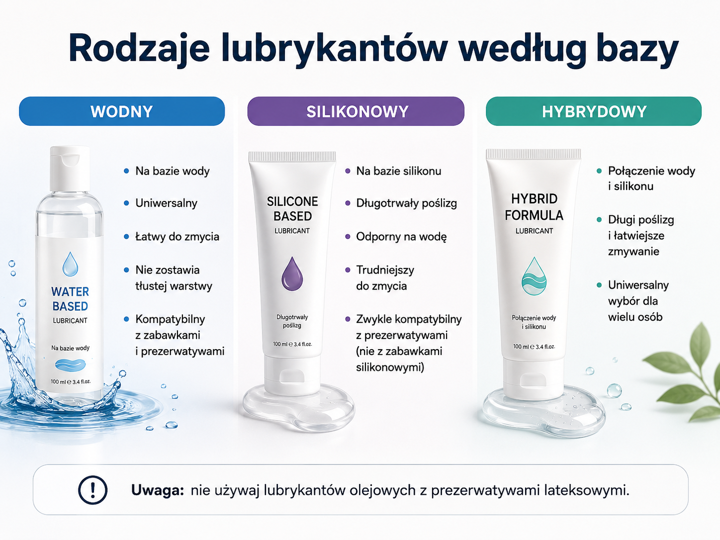 Porównanie lubrykantu wodnego, silikonowego i hybrydowego